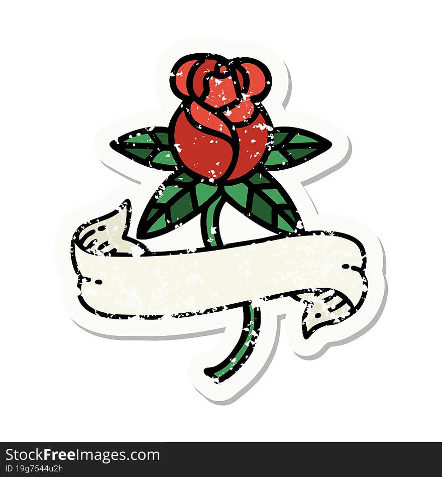 traditional distressed sticker tattoo of a rose and banner