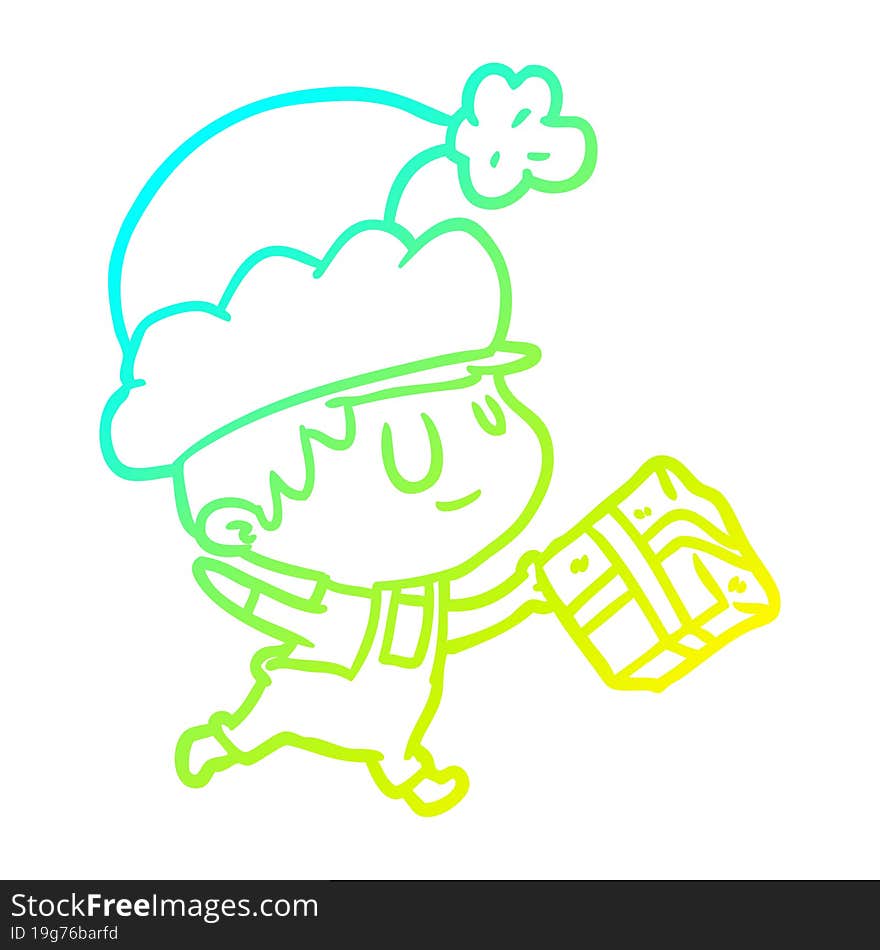 cold gradient line drawing of a happy christmas elf with present