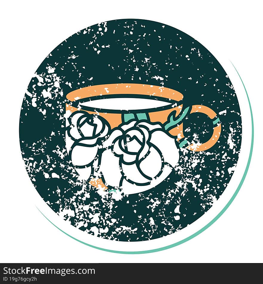 distressed sticker tattoo style icon of a cup and flowers