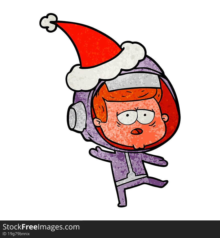 hand drawn textured cartoon of a tired astronaut wearing santa hat