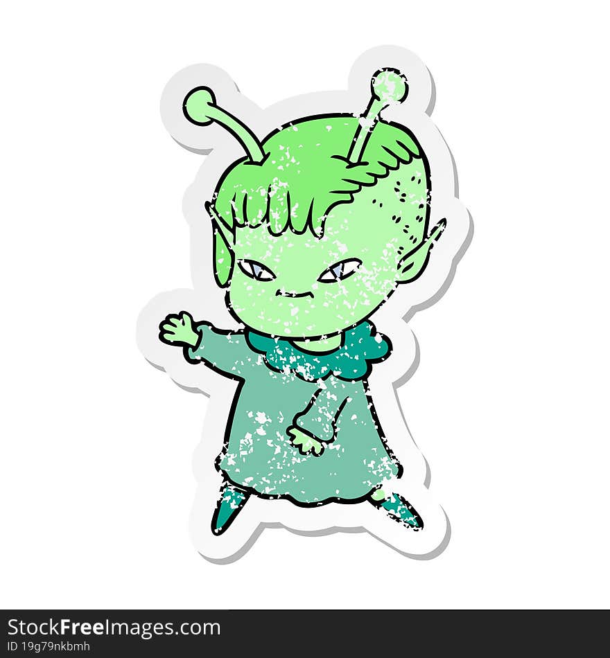 distressed sticker of a cute cartoon alien girl