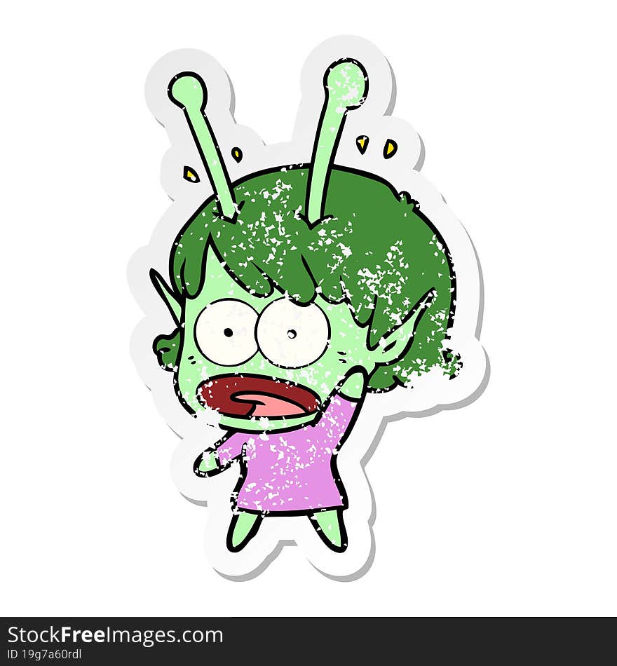 distressed sticker of a cartoon shocked alien girl