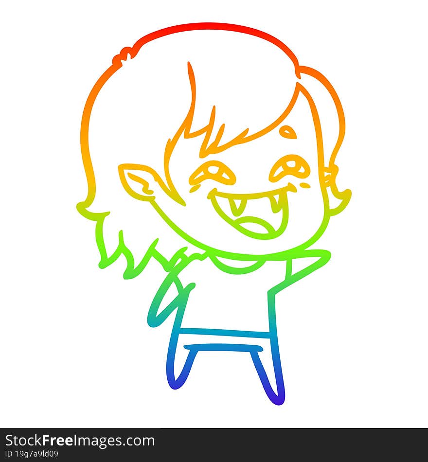 rainbow gradient line drawing of a cartoon laughing vampire girl