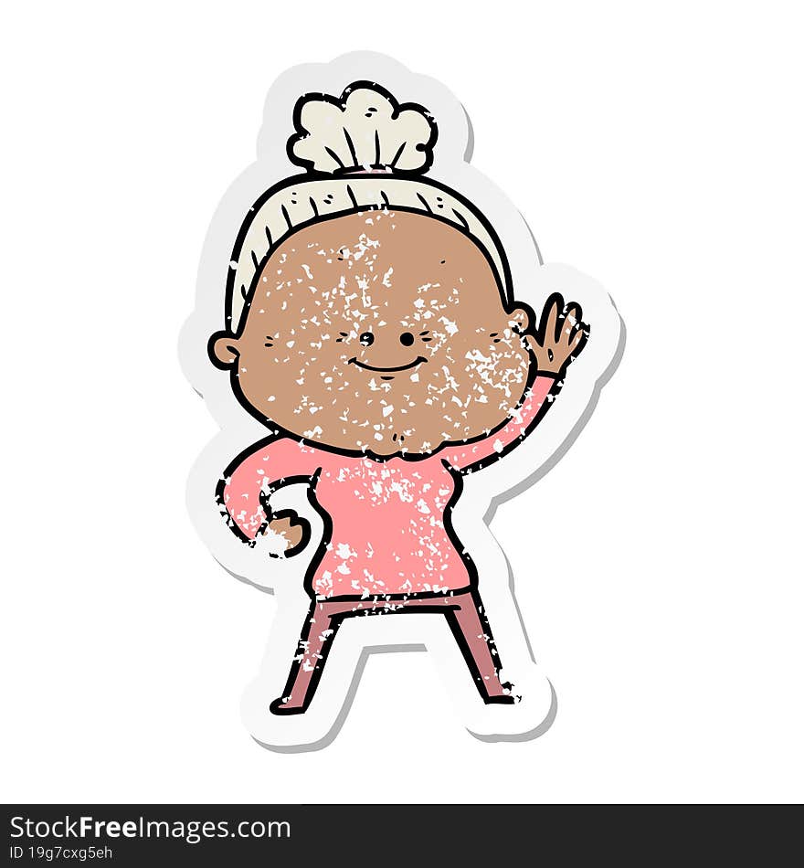 distressed sticker of a cartoon happy old woman