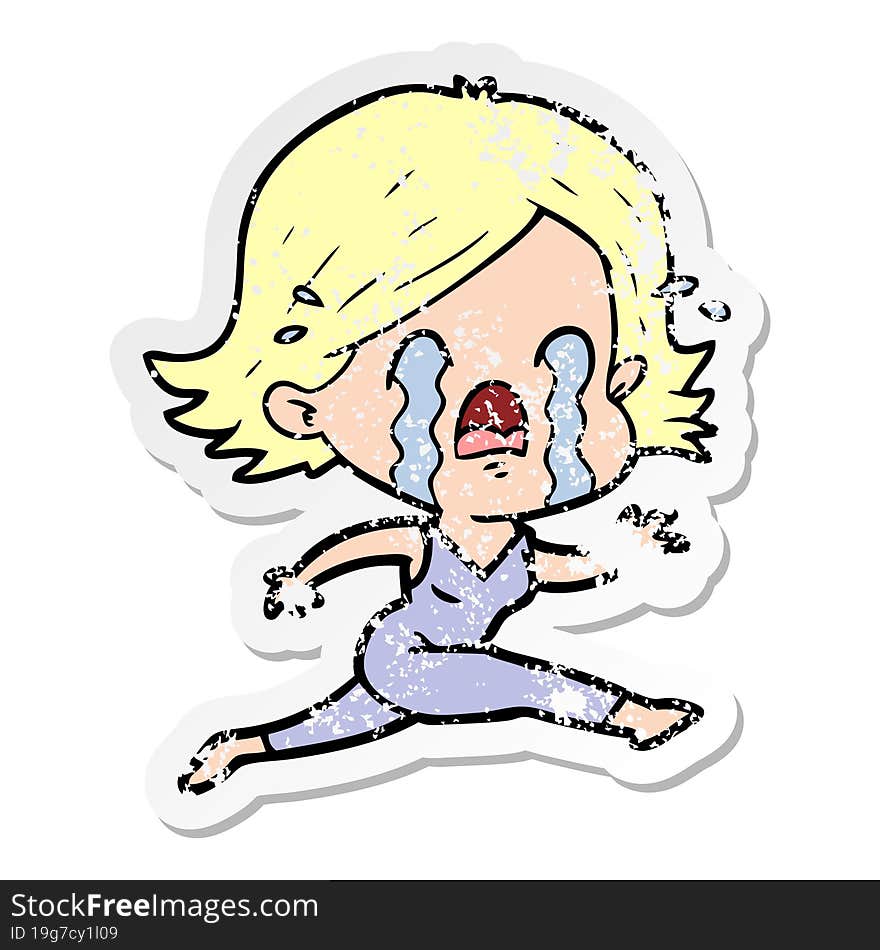 distressed sticker of a cartoon woman crying