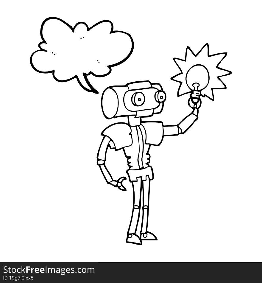 speech bubble cartoon robot with light bulb