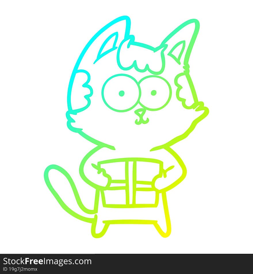 cold gradient line drawing of a happy cartoon cat with present