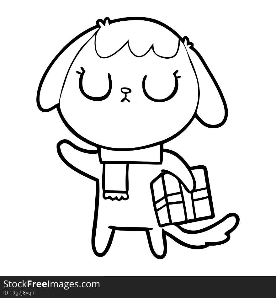 cute cartoon dog with christmas present. cute cartoon dog with christmas present