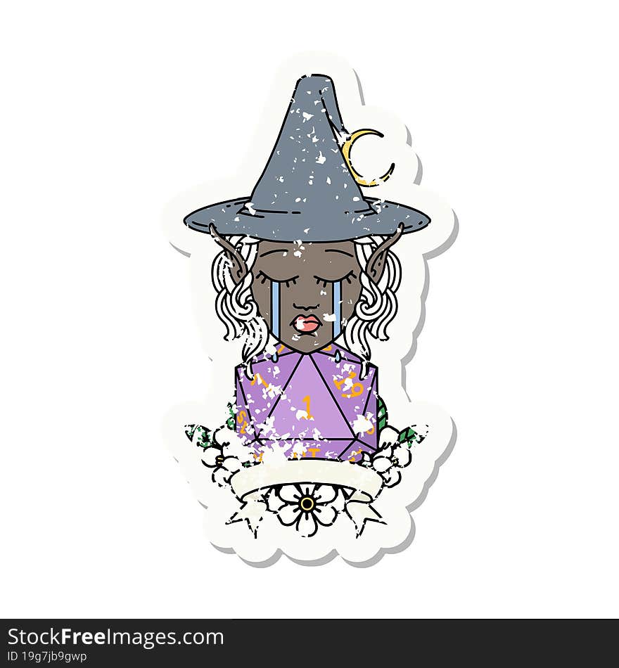 Crying Elf Mage Character With Natural One Dice Roll Illustration