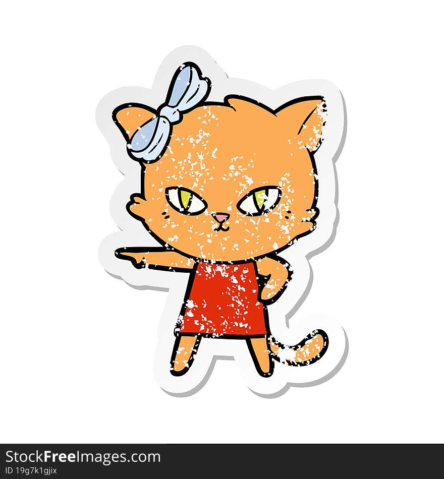 Distressed Sticker Of A Cute Cartoon Cat Wearing Dress