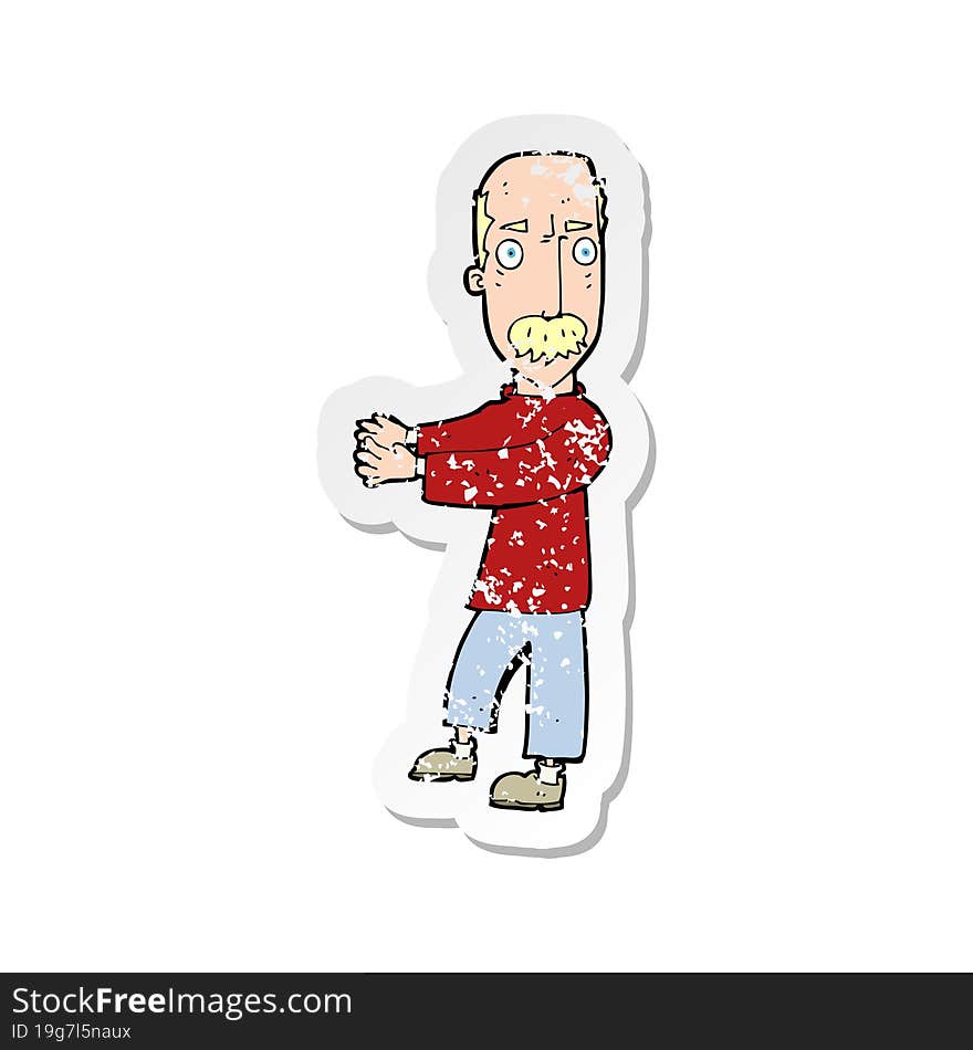 retro distressed sticker of a cartoon balding man explaining