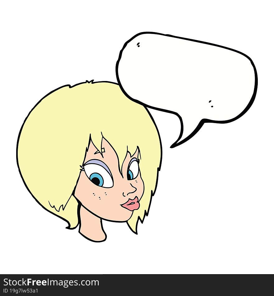 Cartoon Pretty Female Face Pouting With Speech Bubble