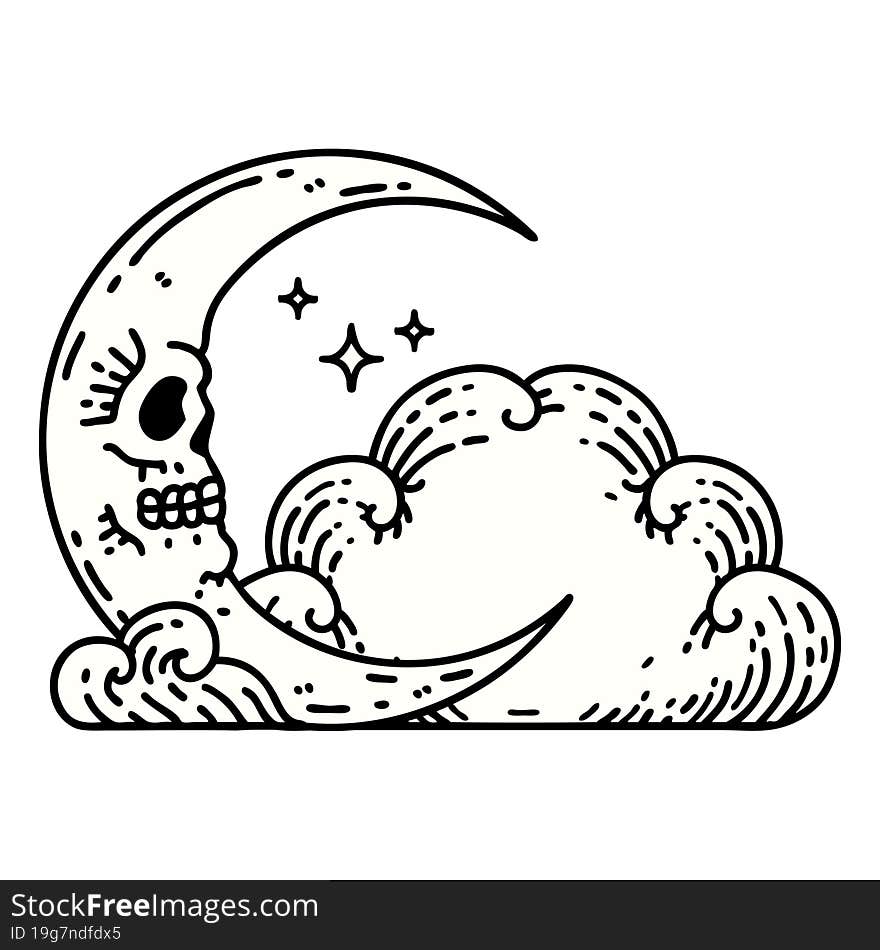 tattoo in traditional style of a skull crescent moon and clouds. tattoo in traditional style of a skull crescent moon and clouds