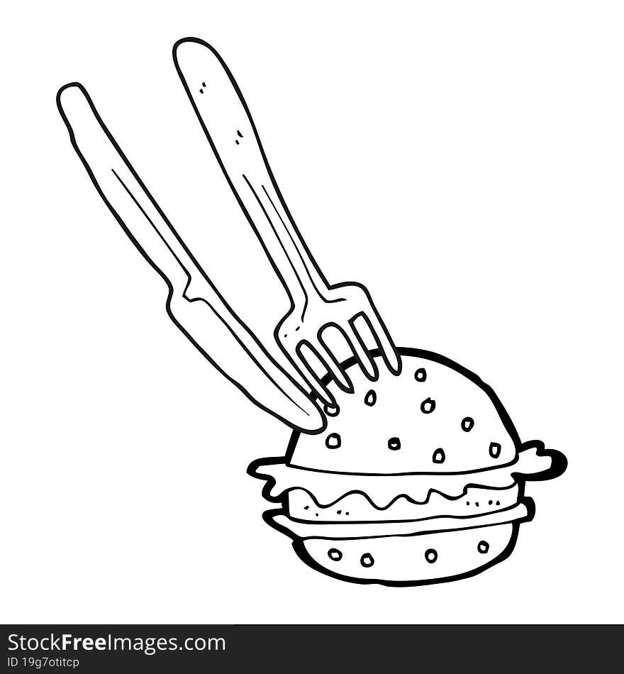 black and white cartoon knife and fork in burger