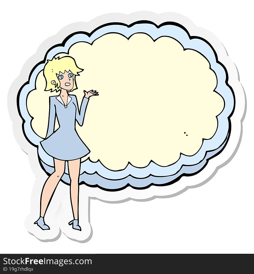 sticker of a cartoon friendly woman with cloud text space