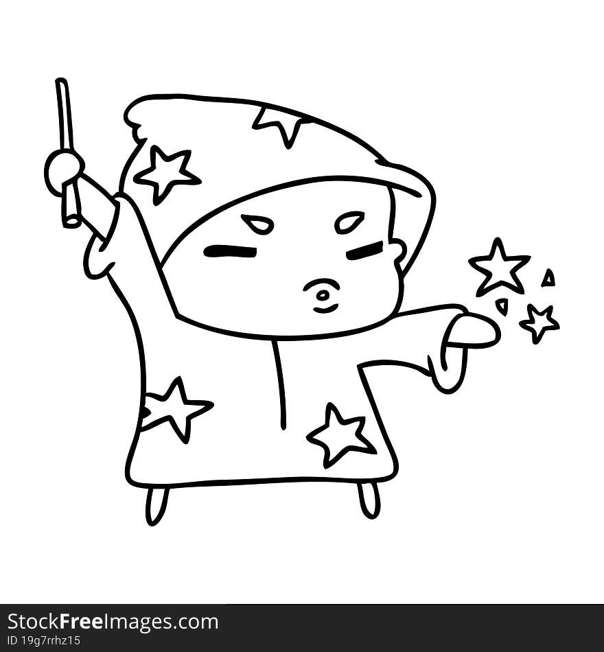 line drawing illustration  cute kawaii wizard child. line drawing illustration  cute kawaii wizard child