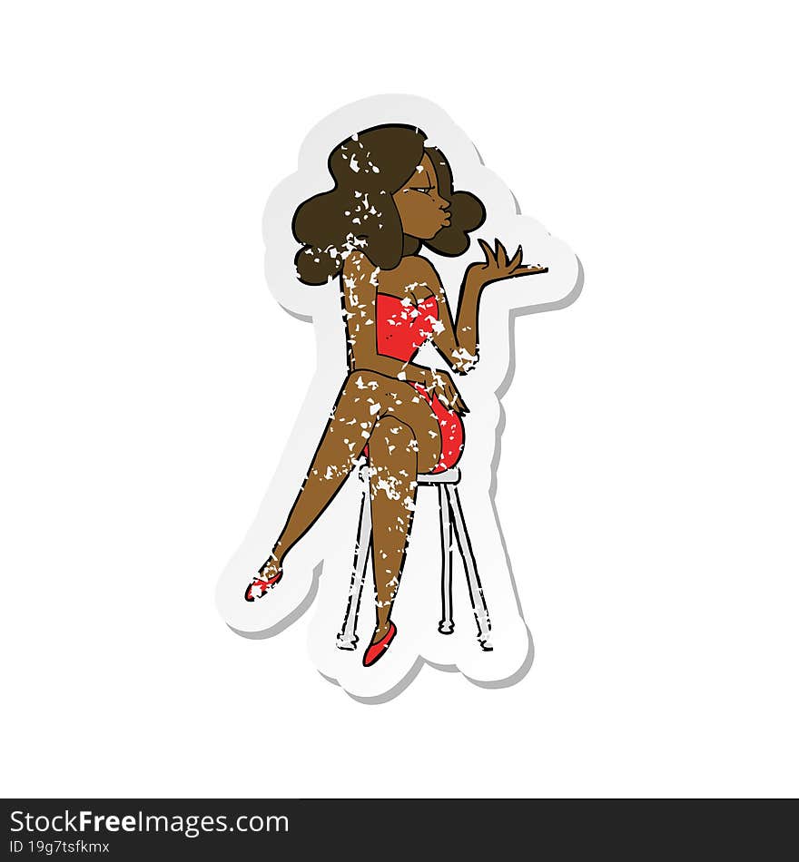 retro distressed sticker of a cartoon woman sitting on bar stool