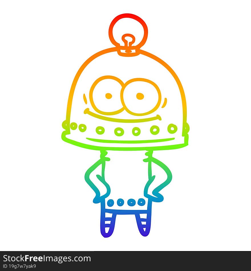 rainbow gradient line drawing of a happy carton robot with light bulb