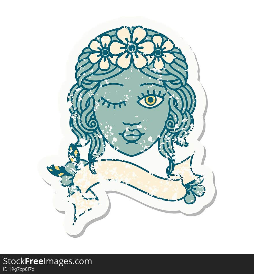 grunge sticker with banner of a maidens face winking