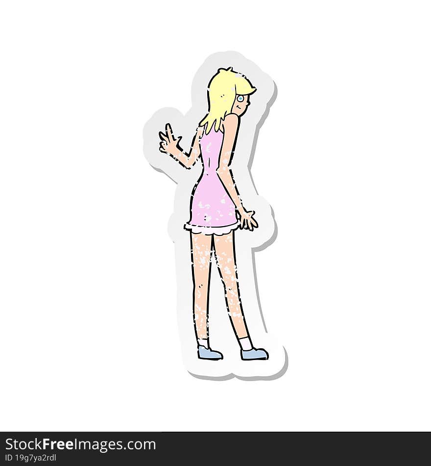 retro distressed sticker of a cartoon woman waving