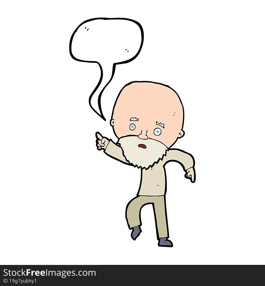 cartoon worried old man pointing with speech bubble