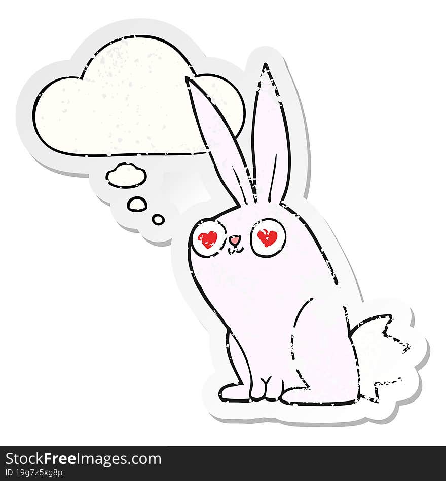 cartoon bunny rabbit in love with thought bubble as a distressed worn sticker