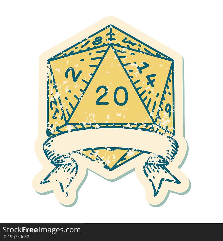 Retro Tattoo Style natural 20 critical hit D20 dice roll. Retro Tattoo Style natural 20 critical hit D20 dice roll