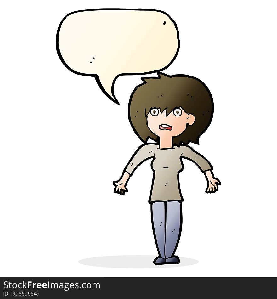 cartoon woman shrugging shoulders with speech bubble