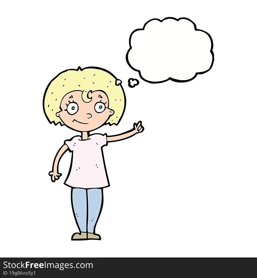 Cartoon Happy Woman Pointing With Thought Bubble