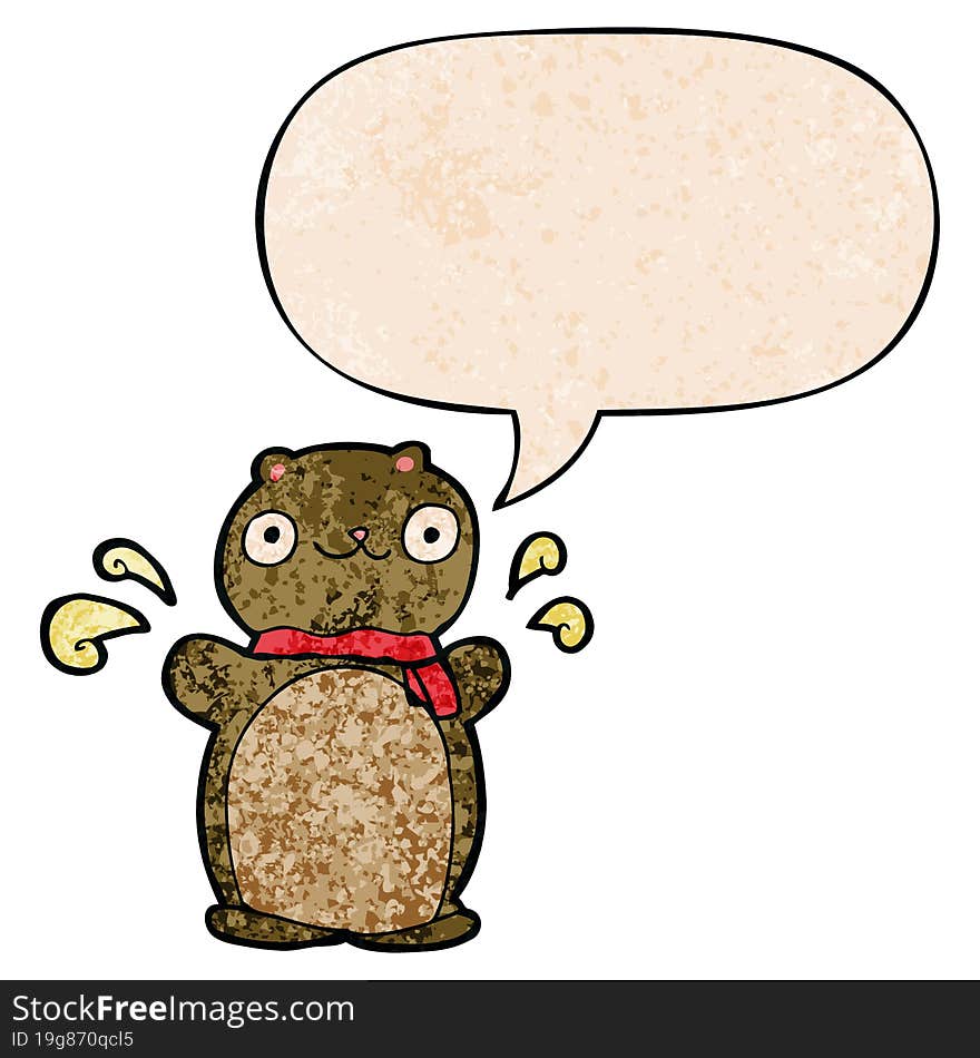 cartoon happy teddy bear with speech bubble in retro texture style