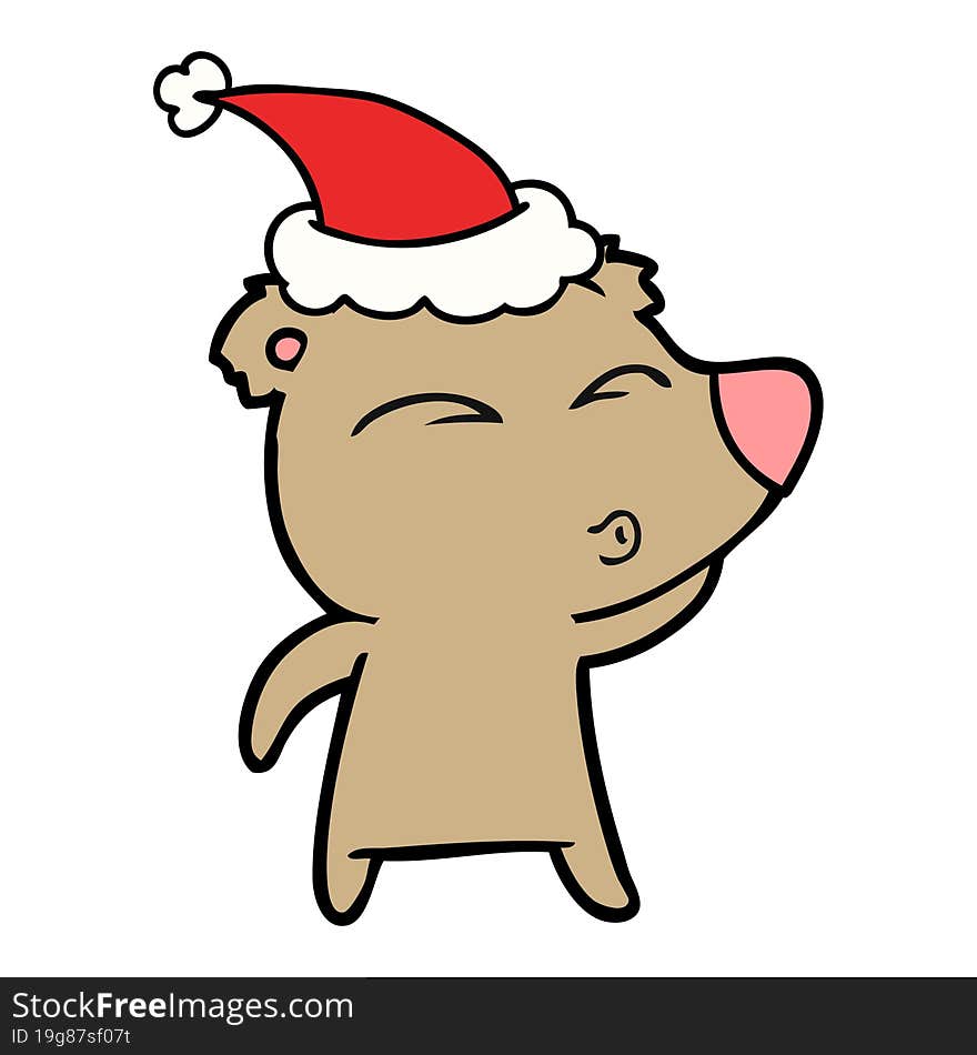 line drawing of a whistling bear wearing santa hat