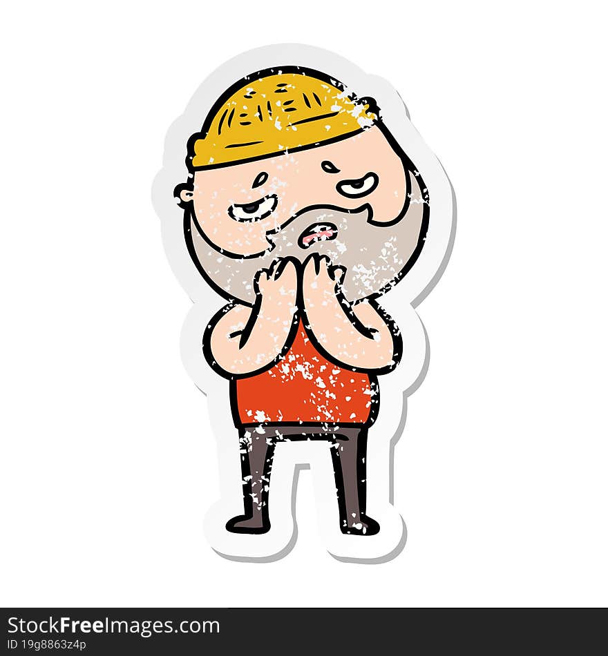 distressed sticker of a cartoon worried man with beard