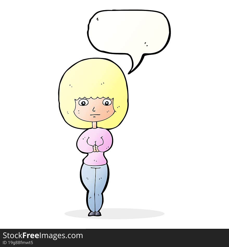 cartoon shy woman with speech bubble