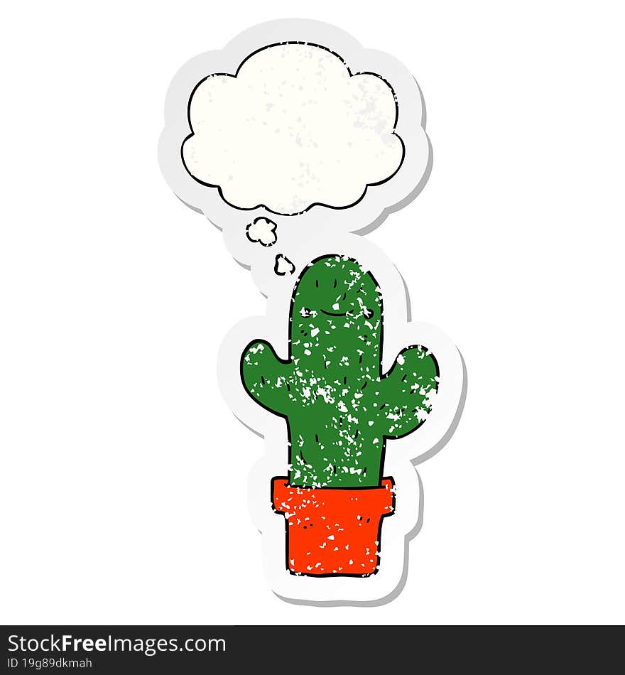 cartoon cactus and thought bubble as a distressed worn sticker