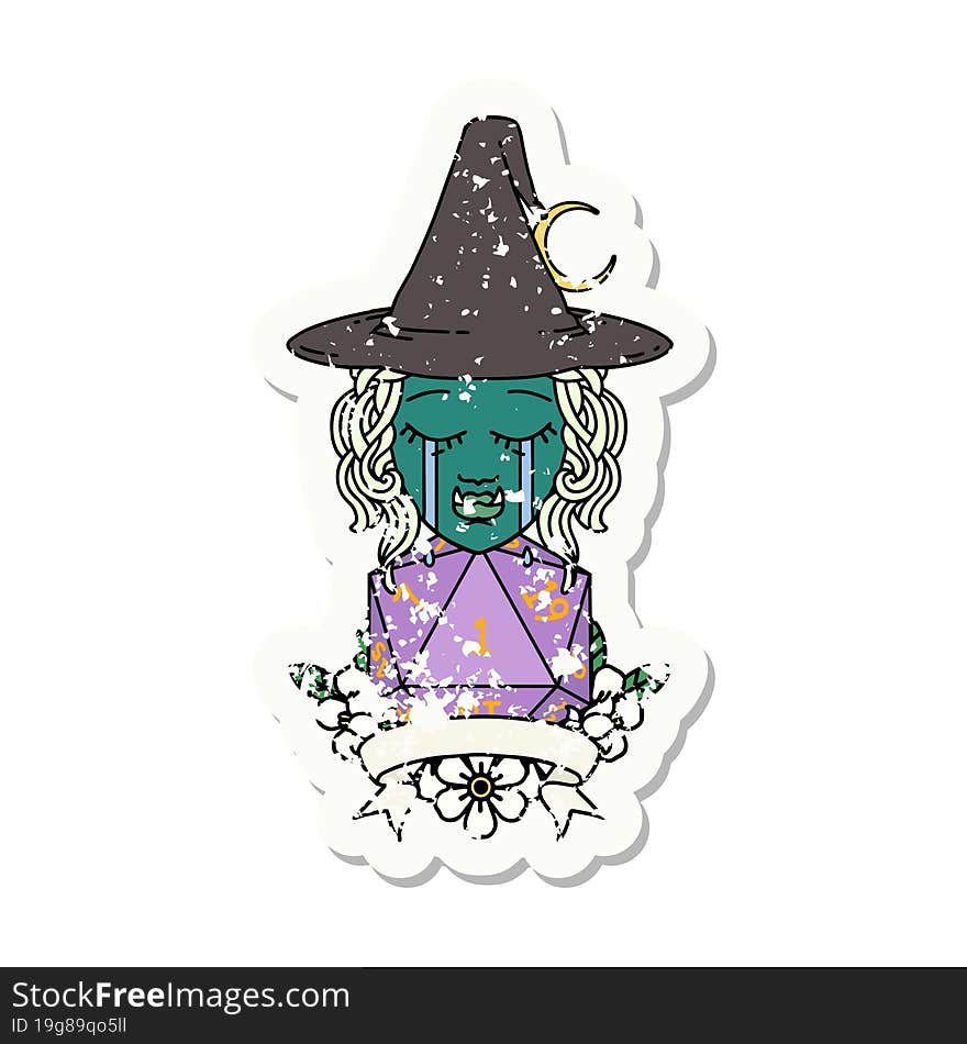 crying half orc witch character with natural one roll illustration