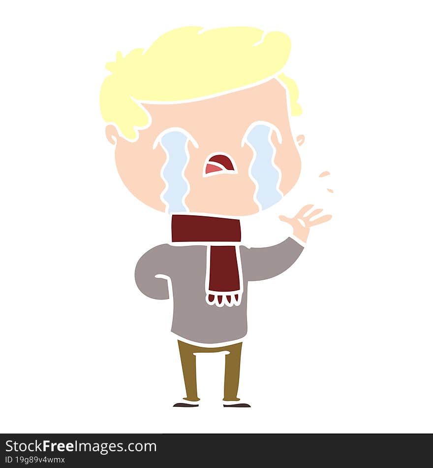 flat color style cartoon man crying wearing winter scarf