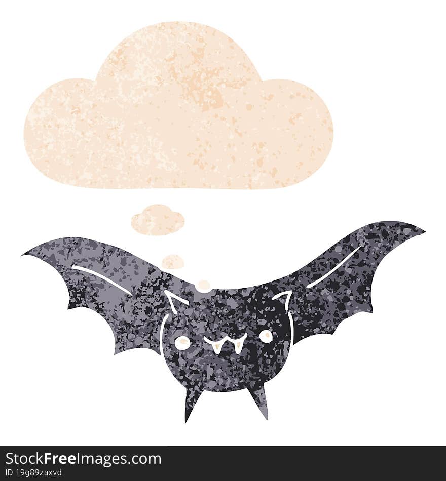 cartoon bat and thought bubble in retro textured style