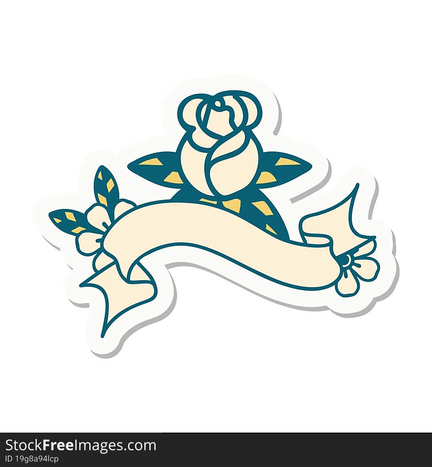 tattoo style sticker with banner of a single rose