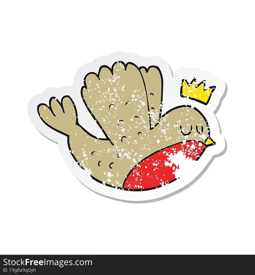 Retro Distressed Sticker Of A Cartoon Flying Christmas Robin With Crown