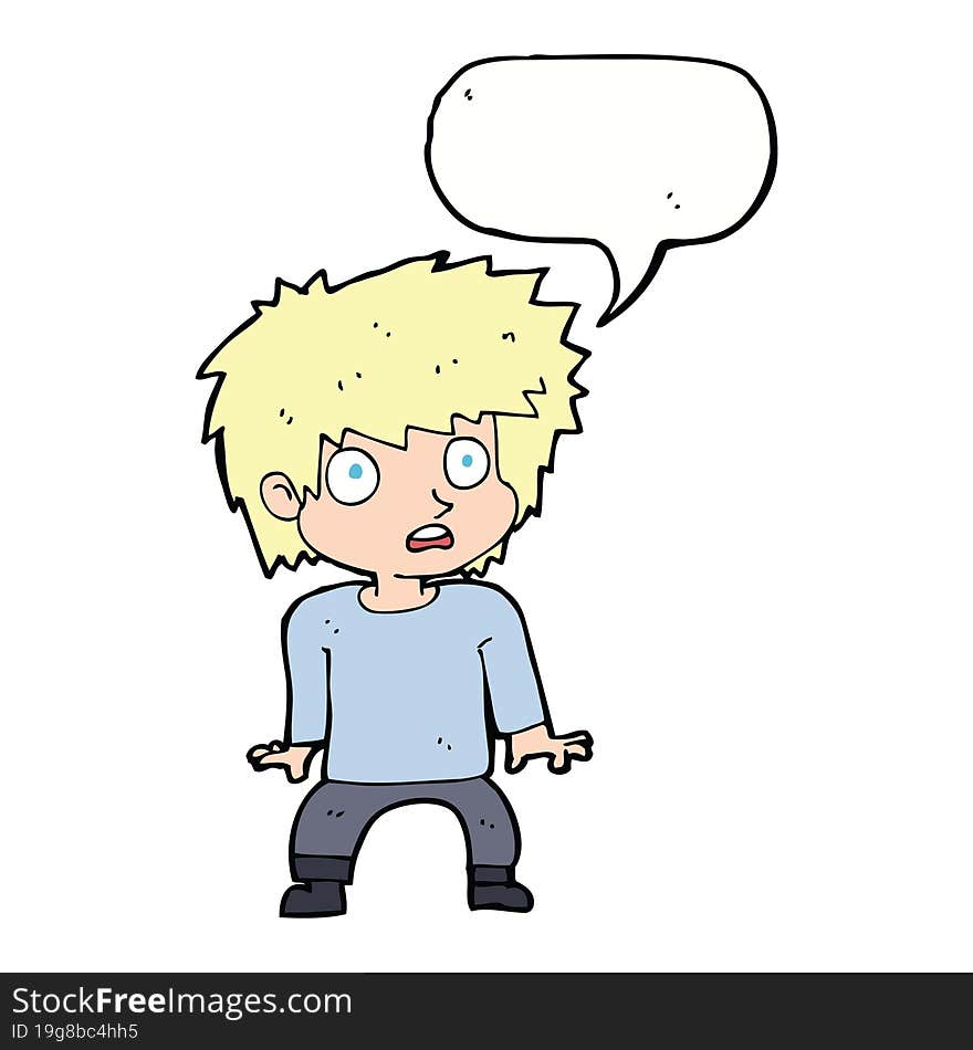 cartoon frightened boy with speech bubble