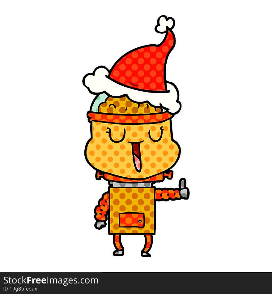 happy comic book style illustration of a robot wearing santa hat