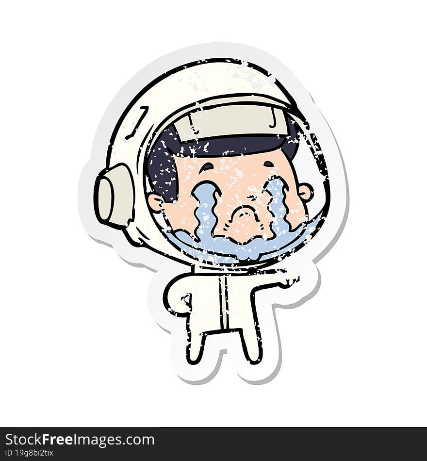 distressed sticker of a cartoon crying astronaut