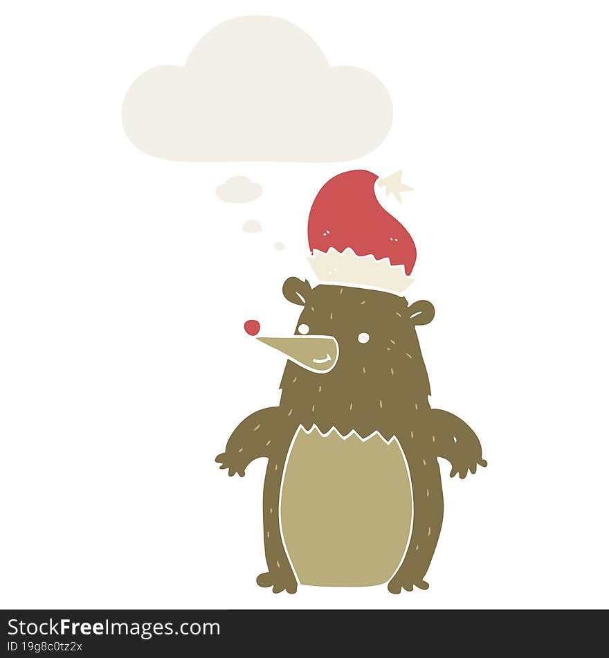 cartoon bear wearing christmas hat and thought bubble in retro style