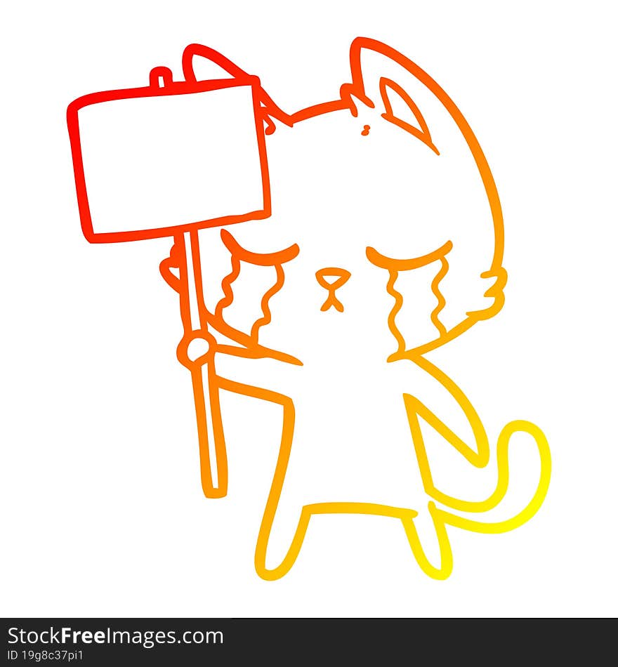 warm gradient line drawing of a crying cartoon cat