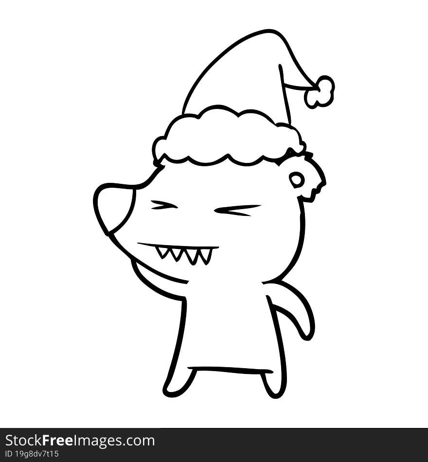 angry polar bear line drawing of a wearing santa hat