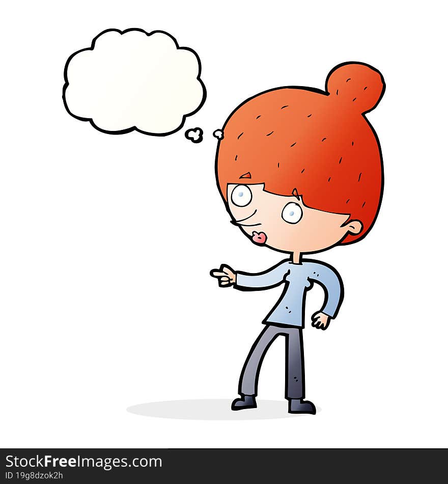 cartoon woman pointing with thought bubble