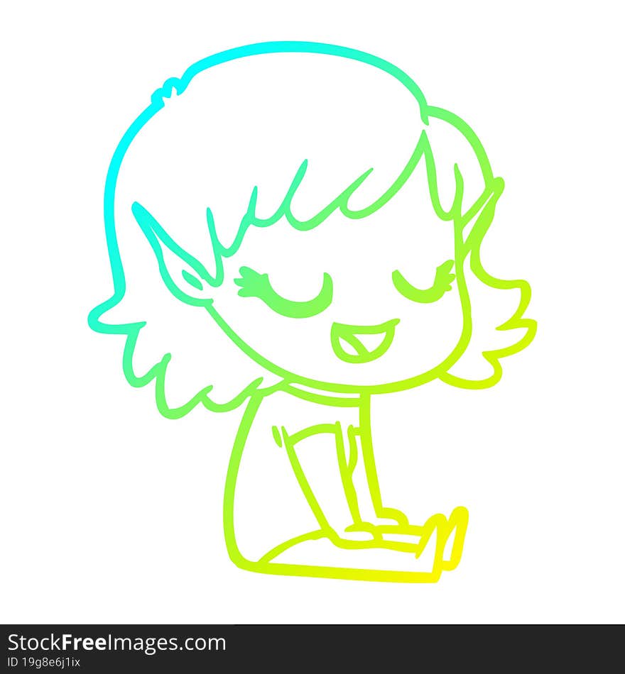 cold gradient line drawing happy cartoon elf girl sitting on floor