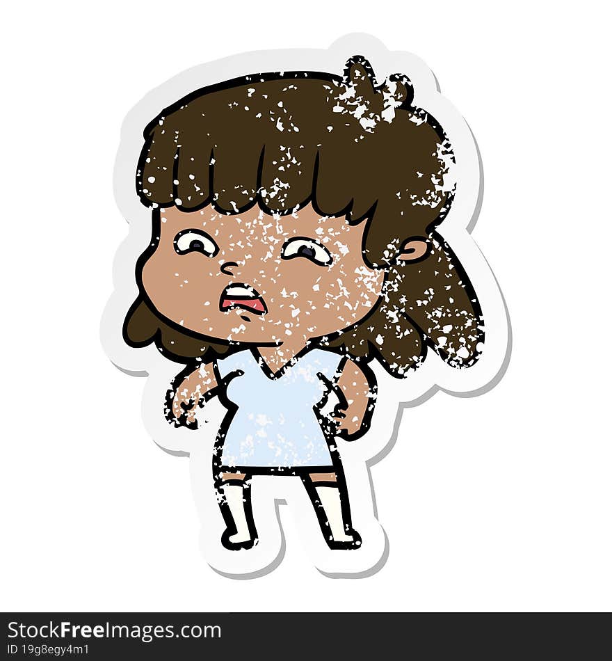 distressed sticker of a cartoon worried woman