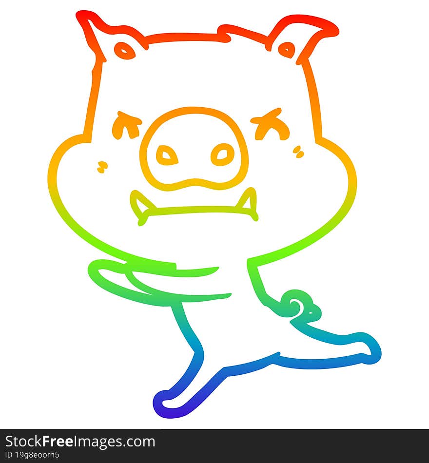 rainbow gradient line drawing of a angry cartoon pig