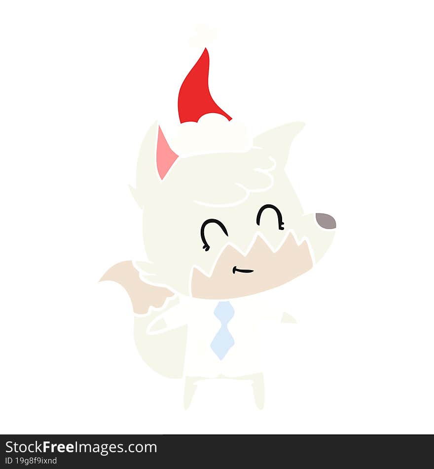 flat color illustration of a friendly fox wearing santa hat